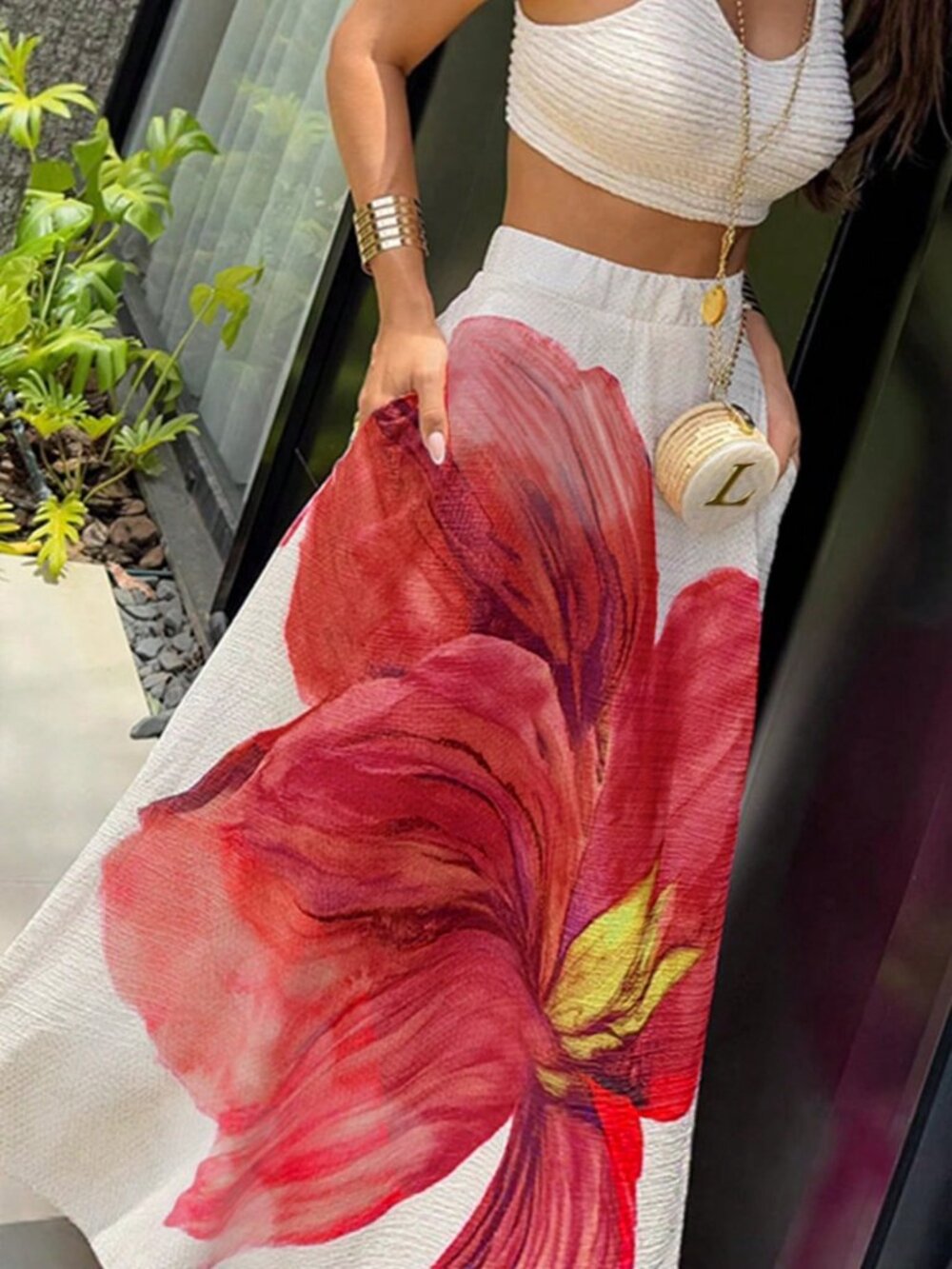 White Elegant Women's Casual Large Floral Print Maxi Skirt - Picture 3 of 3